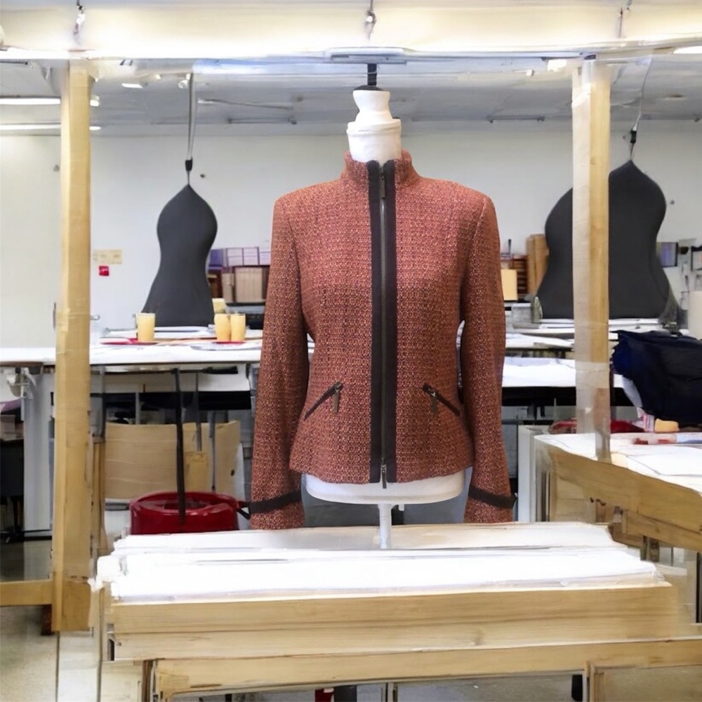 The Limited Cinnamon Y2K Tweed Wool Zip Jacket Faux Suede Trim Mandarin Collar M